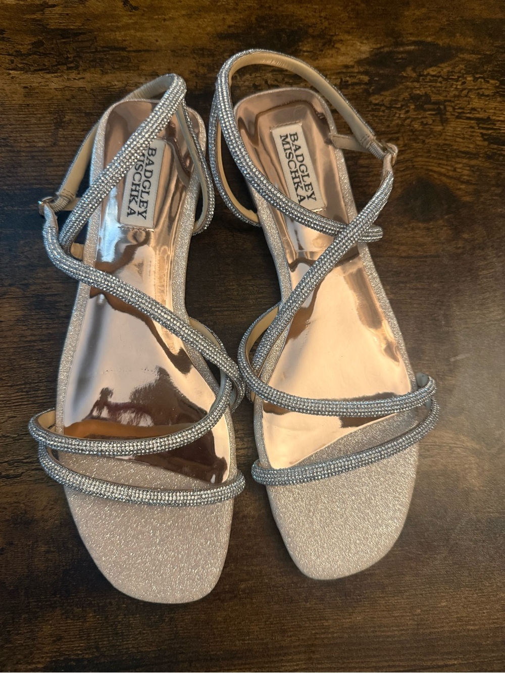 Badgley Mischka Metallic Silver Crystal-Strap Sandals